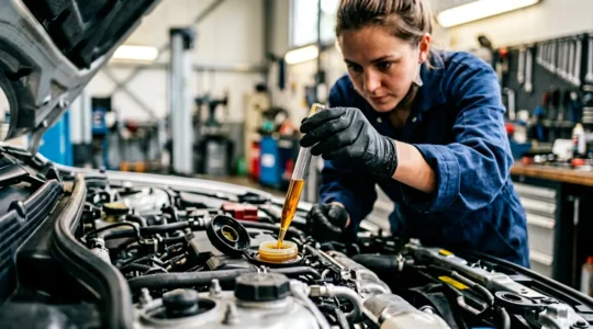 Monteur controleert remvloeistof niveau in auto motor compartiment