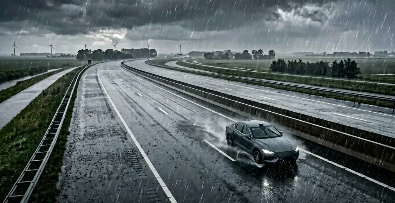 Auto rijdt op Nederlandse snelweg tijdens zware regenval met zichtbare sensoren