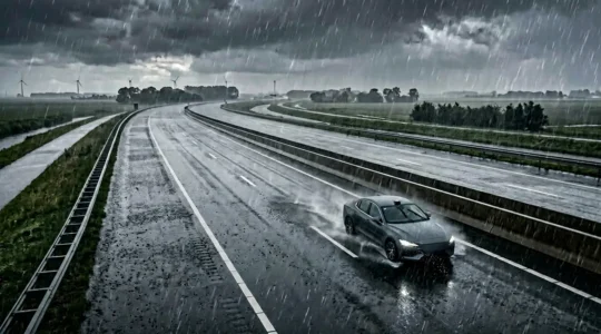 Auto rijdt op Nederlandse snelweg tijdens zware regenval met zichtbare sensoren
