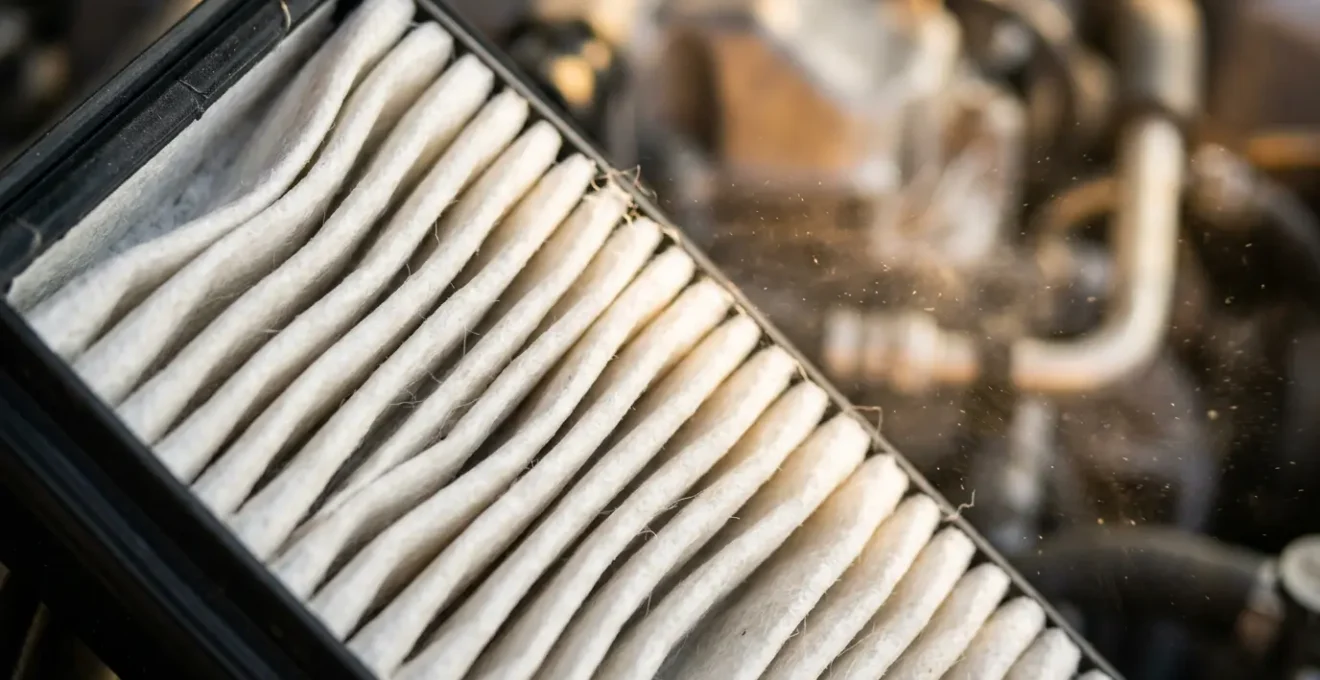 Close-up van een schoon motorluchtfilter met luchtstroomindicatoren voor optimale brandstofefficiëntie