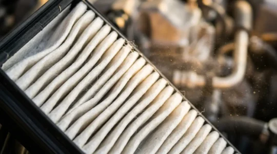 Close-up van een schoon motorluchtfilter met luchtstroomindicatoren voor optimale brandstofefficiëntie