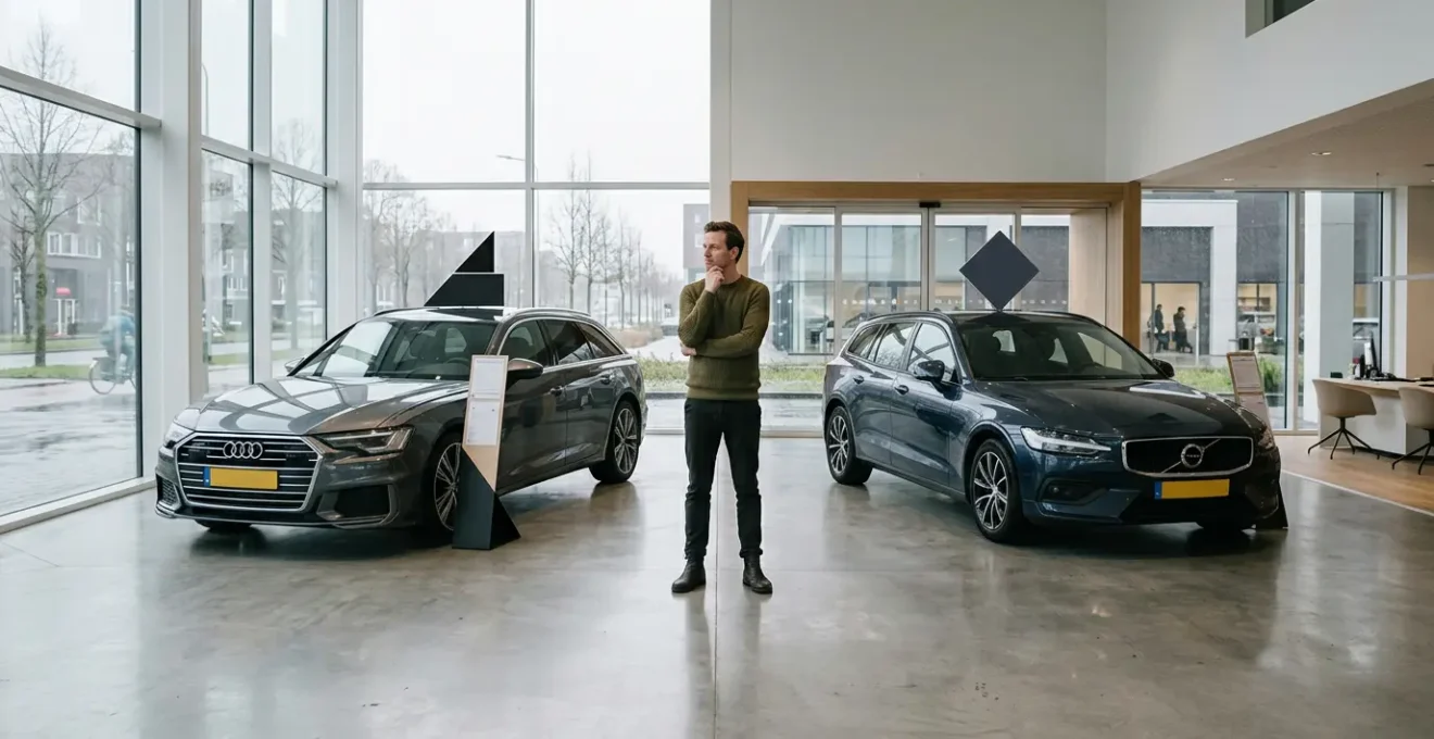 Moderne autoshowroom met verschillende occasions en een potentiële koper die een belangrijke beslissing overweegt
