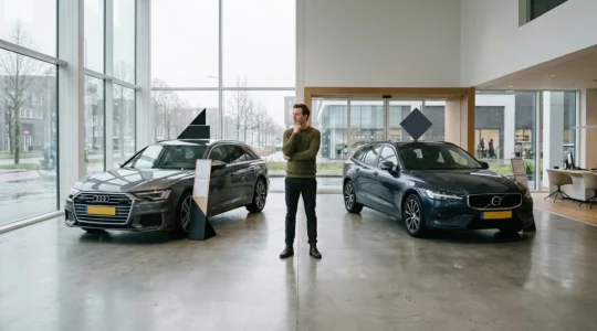 Moderne autoshowroom met verschillende occasions en een potentiële koper die een belangrijke beslissing overweegt