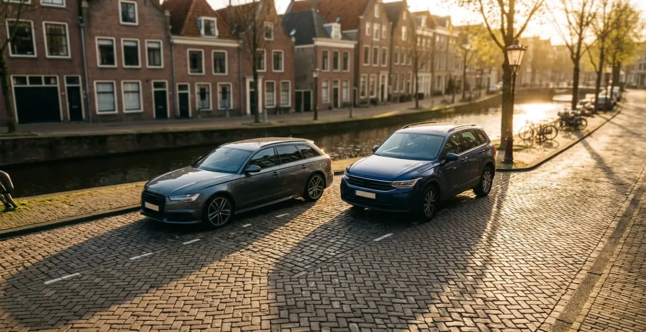 Twee auto's naast elkaar geparkeerd op Nederlandse klinkerwegvisie vanuit lage hoek