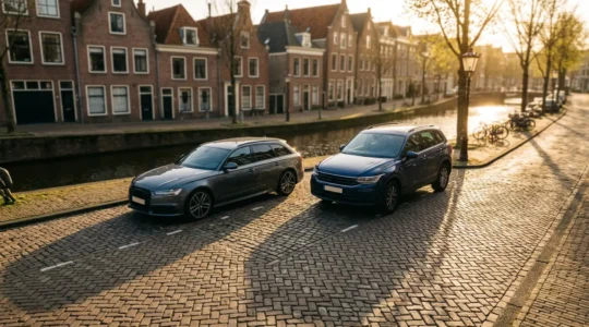 Twee auto's naast elkaar geparkeerd op Nederlandse klinkerwegvisie vanuit lage hoek