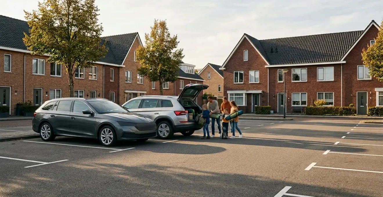 Stationwagen en SUV naast elkaar geparkeerd met gezin op de achtergrond