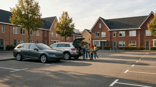 Stationwagen en SUV naast elkaar geparkeerd met gezin op de achtergrond