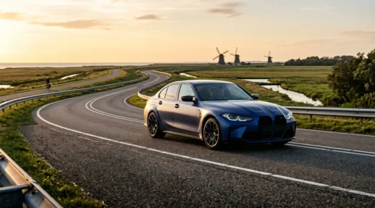 Auto die zelfverzekerd door een bocht rijdt met stabiel weggedrag