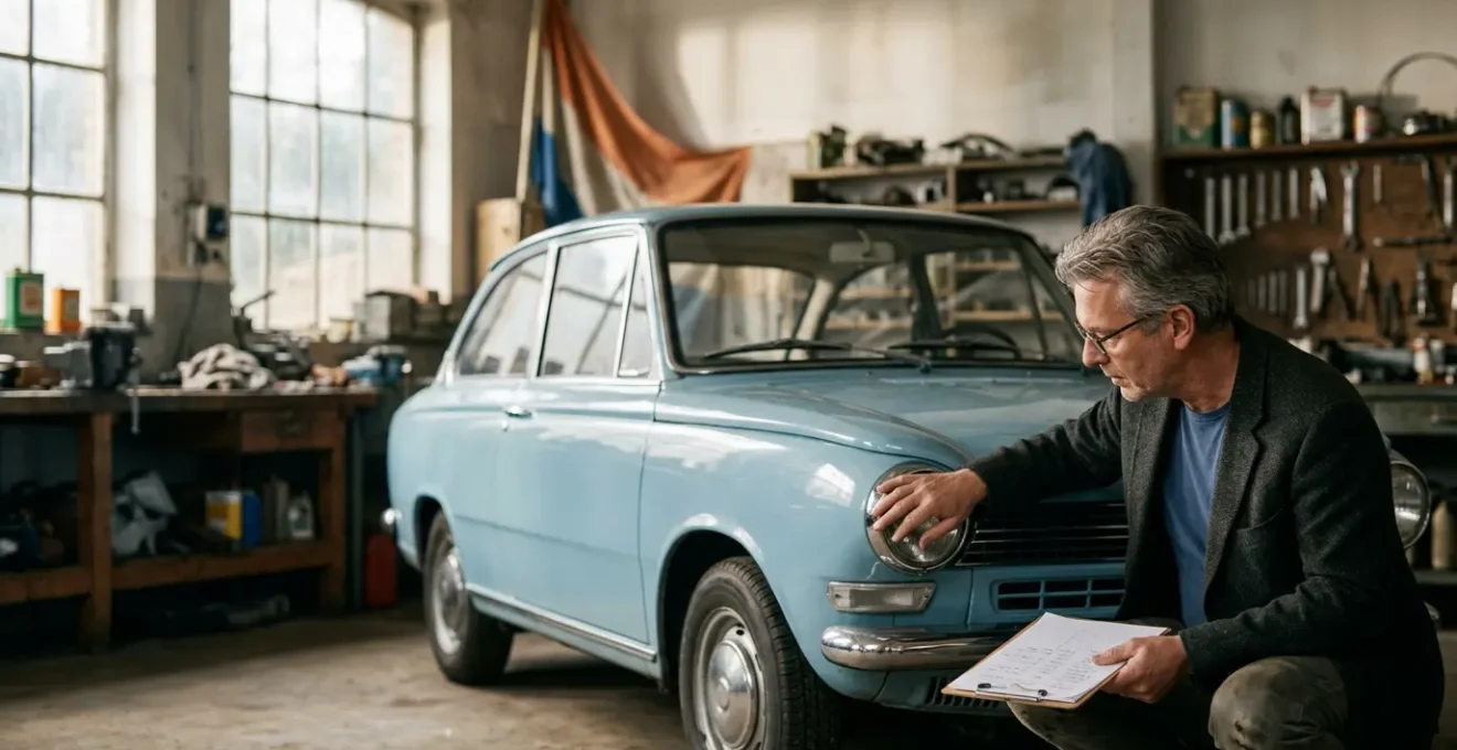 Vintage auto wordt geëvalueerd door taxateur in Nederlandse garage