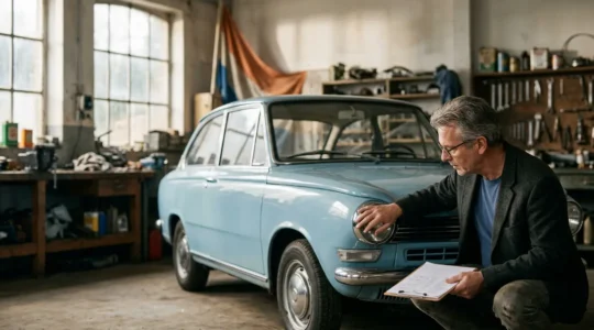 Vintage auto wordt geëvalueerd door taxateur in Nederlandse garage