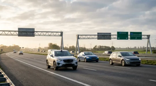 Moderne auto's met geavanceerde veiligheidstechnologie op Nederlandse snelweg