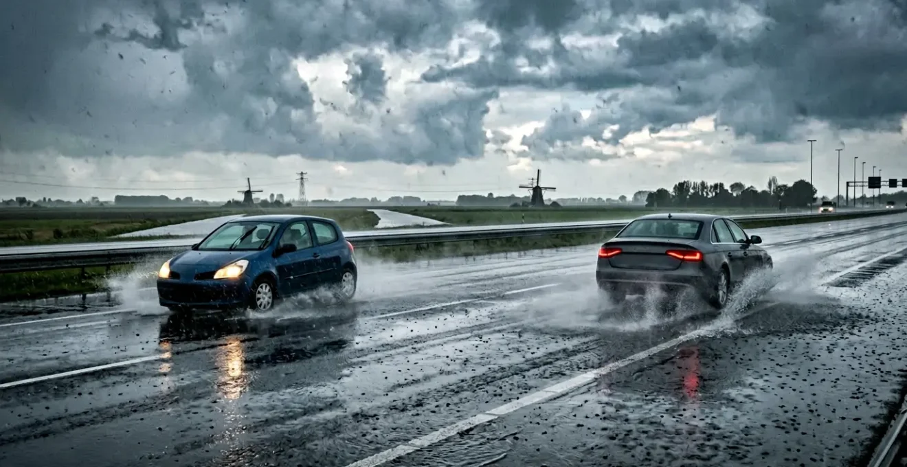 Auto rijdt door regenachtige Nederlandse stad met reflecties op nat wegdek
