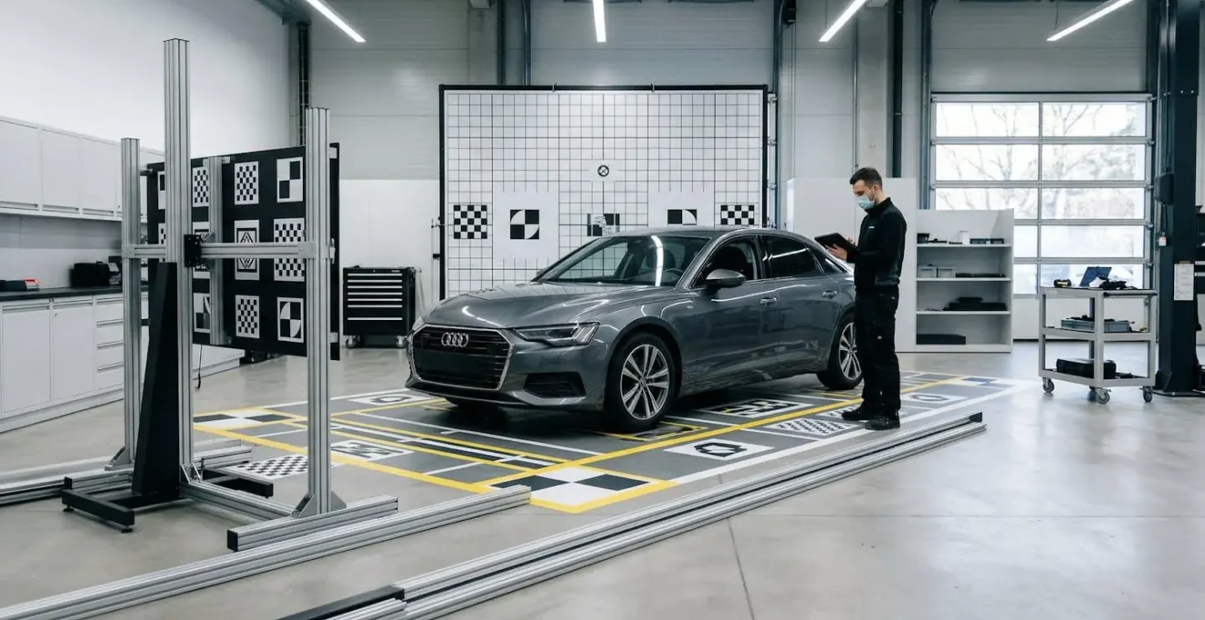 Geavanceerde kalibratieapparatuur voor radarsensoren in moderne autowerkplaats