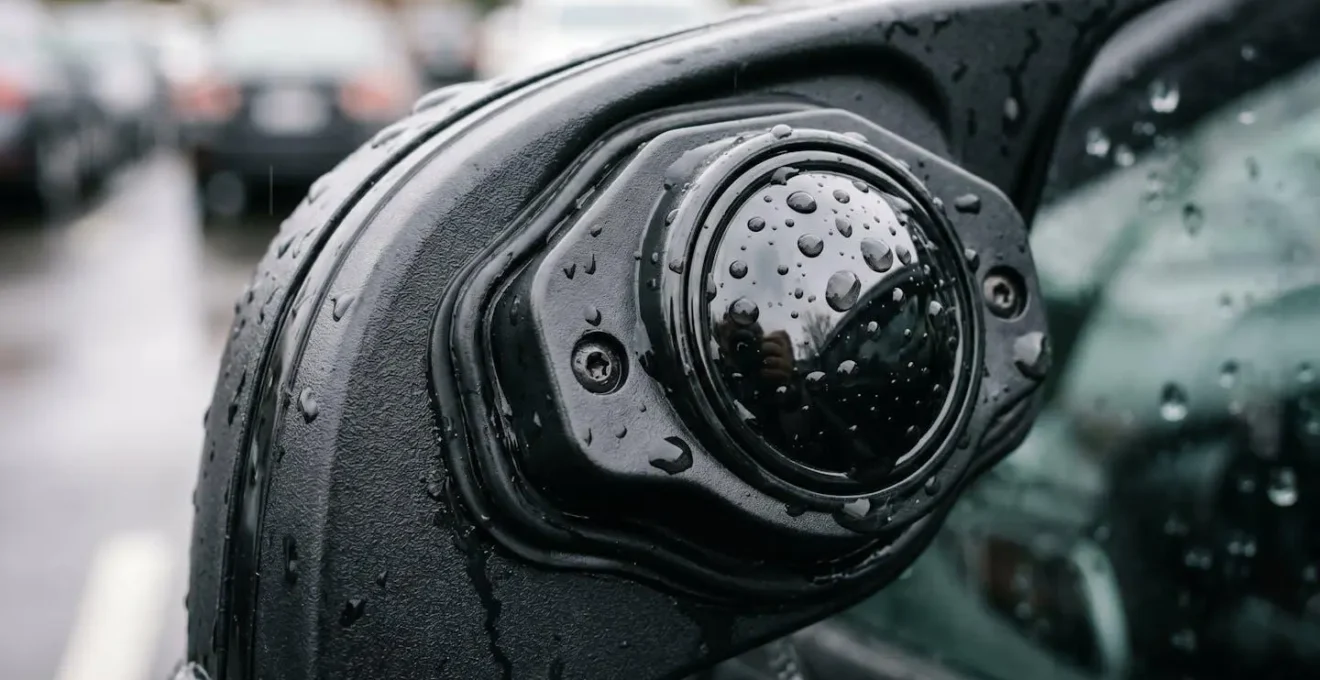 Close-up van aftermarket dodehoeksensor gemonteerd in zijspiegel tijdens regenbui