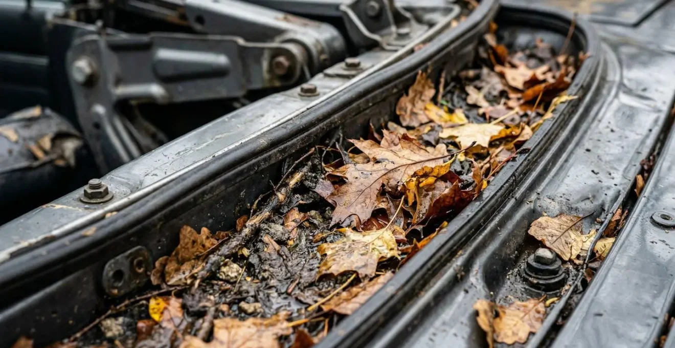 Detailfoto van verstopte afwateringskanalen bij een cabriolet, vol met bladeren en vuil.