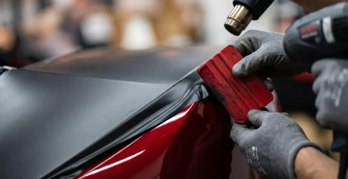 Detailopname van wrapfolie applicatie op auto hoek