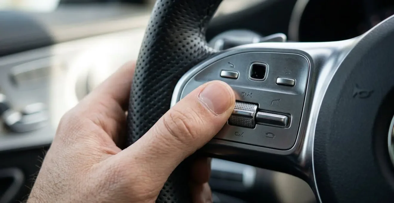 Close-up van handen die dashboard-instellingen aanpassen via stuurwielbediening