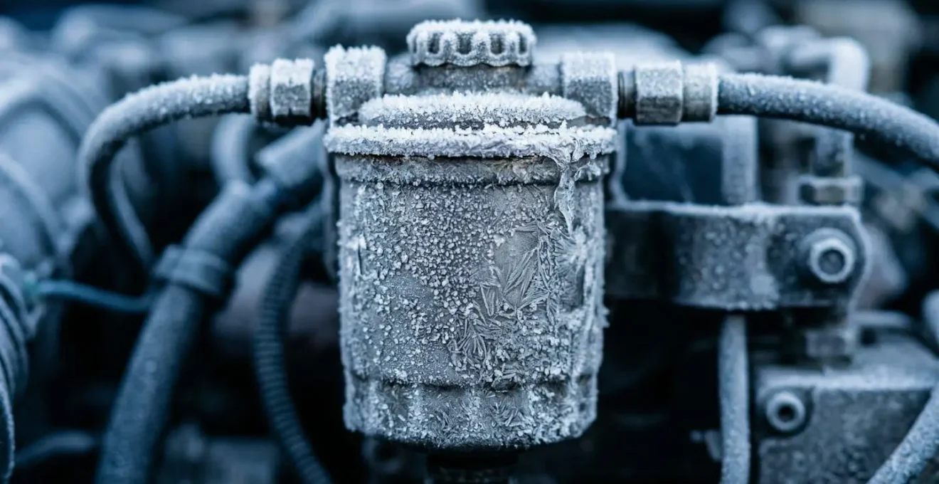 Close-up van bevroren dieselfilter met ijskristallen bij winterse omstandigheden