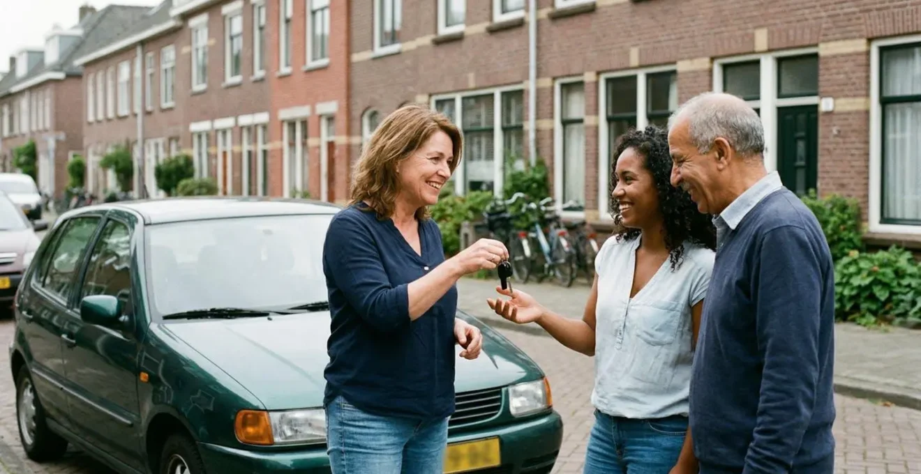 Groep buren bij gedeelde auto in typisch Nederlandse woonstraat
