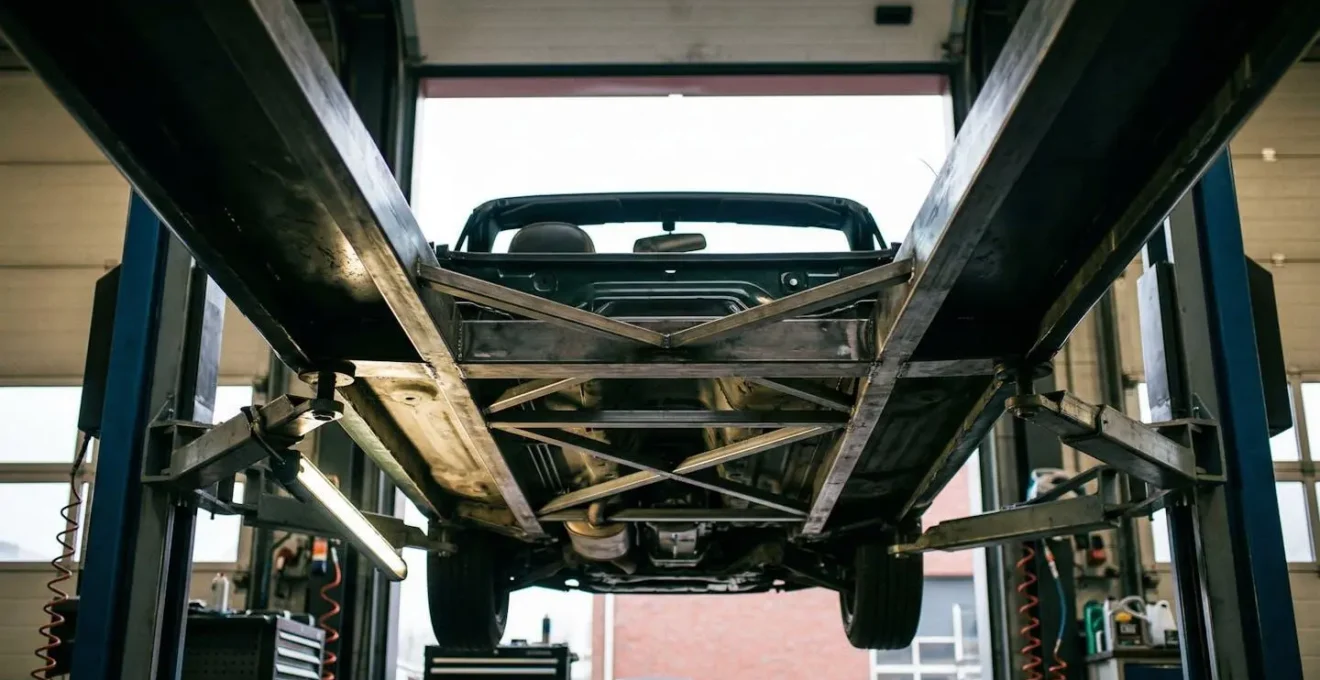 Onderaanzicht van cabriolet met zichtbare extra verstevigingen in dorpels