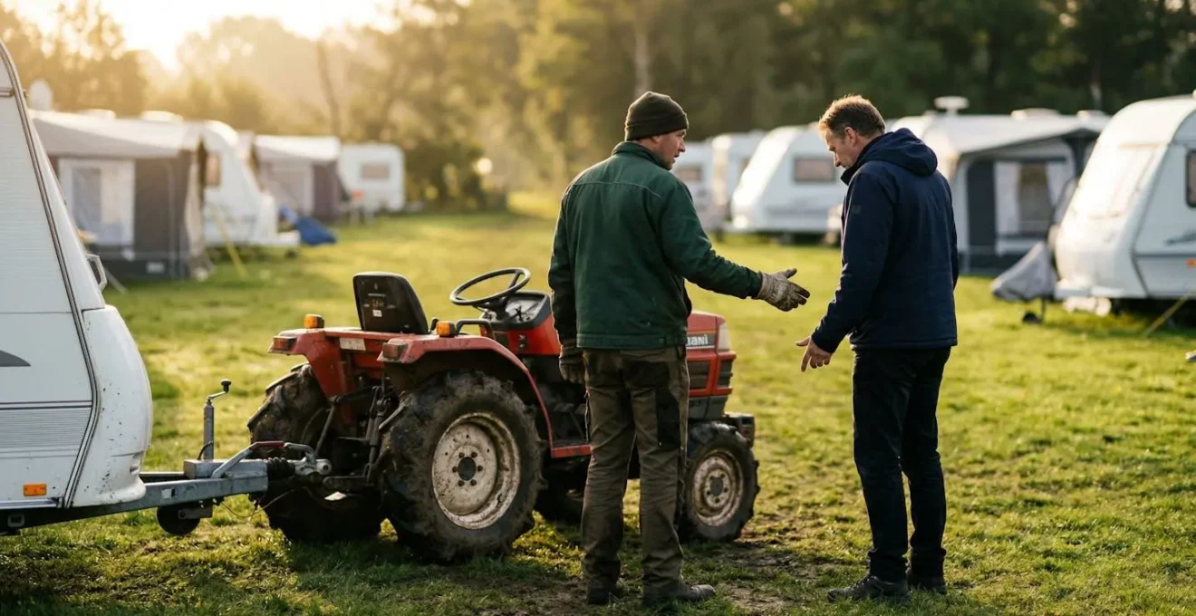 Campingbeheerder met tractor helpt vastgelopen caravan