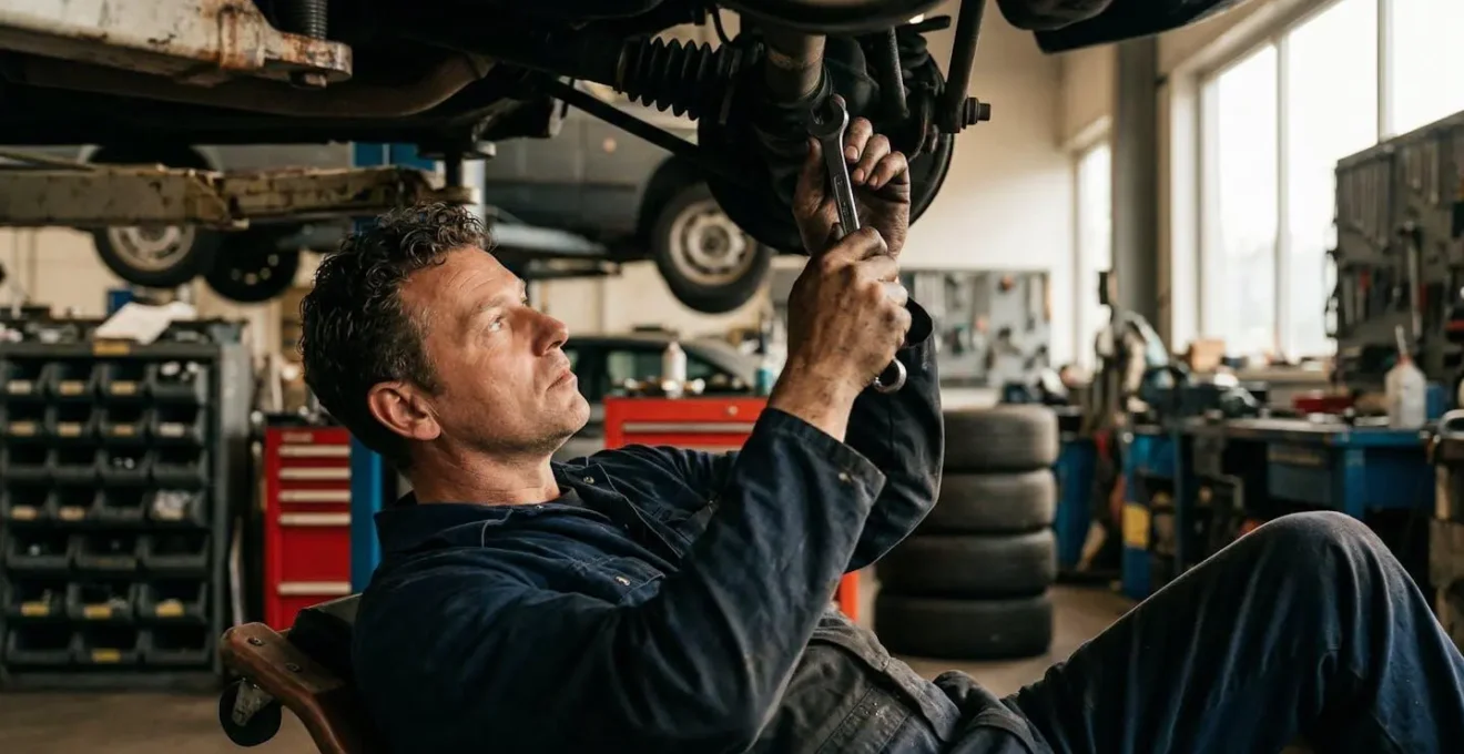 Monteur controleert cardanas speling onder geheven auto tijdens APK