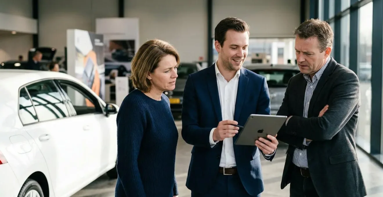 Een Nederlands stel in een autodealer showroom dat de keuze tussen een direct leverbaar voorraadmodel en een te bestellen auto overweegt.