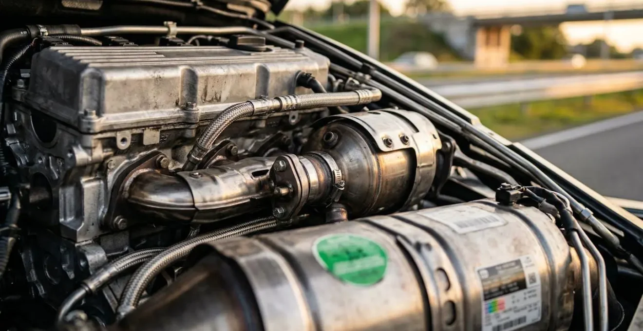 Close-up van een moderne Euro 6 dieselmotor tegen een achtergrond van een Nederlandse snelweg