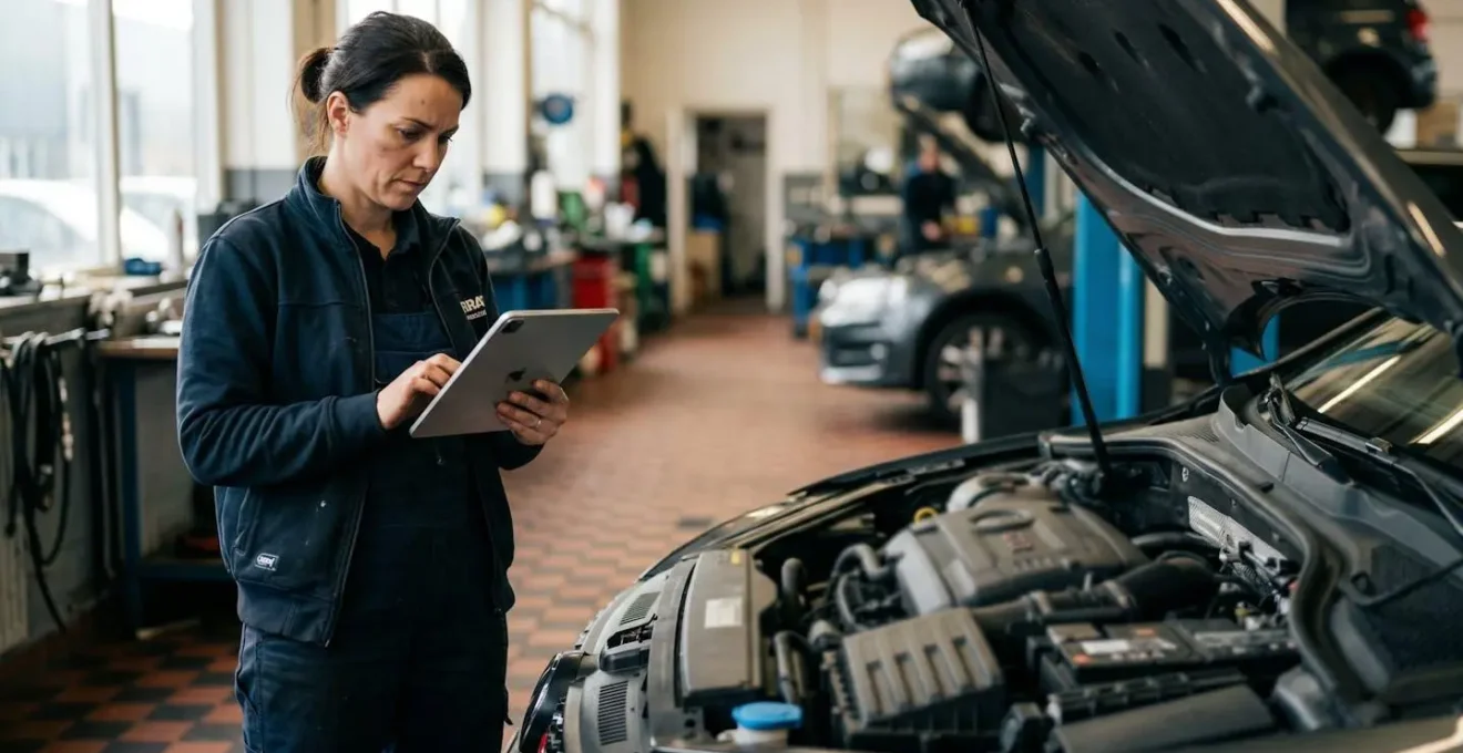 Monteur controleert digitale onderhoudsgeschiedenis van auto op tablet