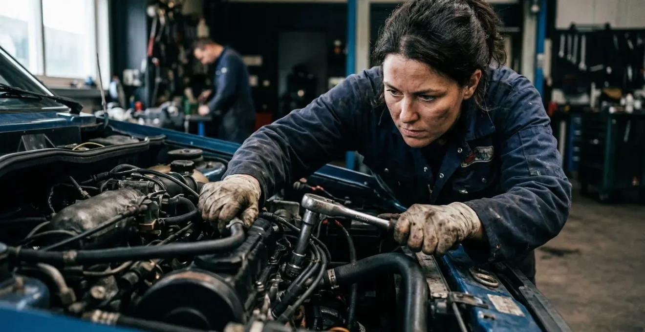 Monteur werkt aan dwarsgeplaatste motor in compacte auto