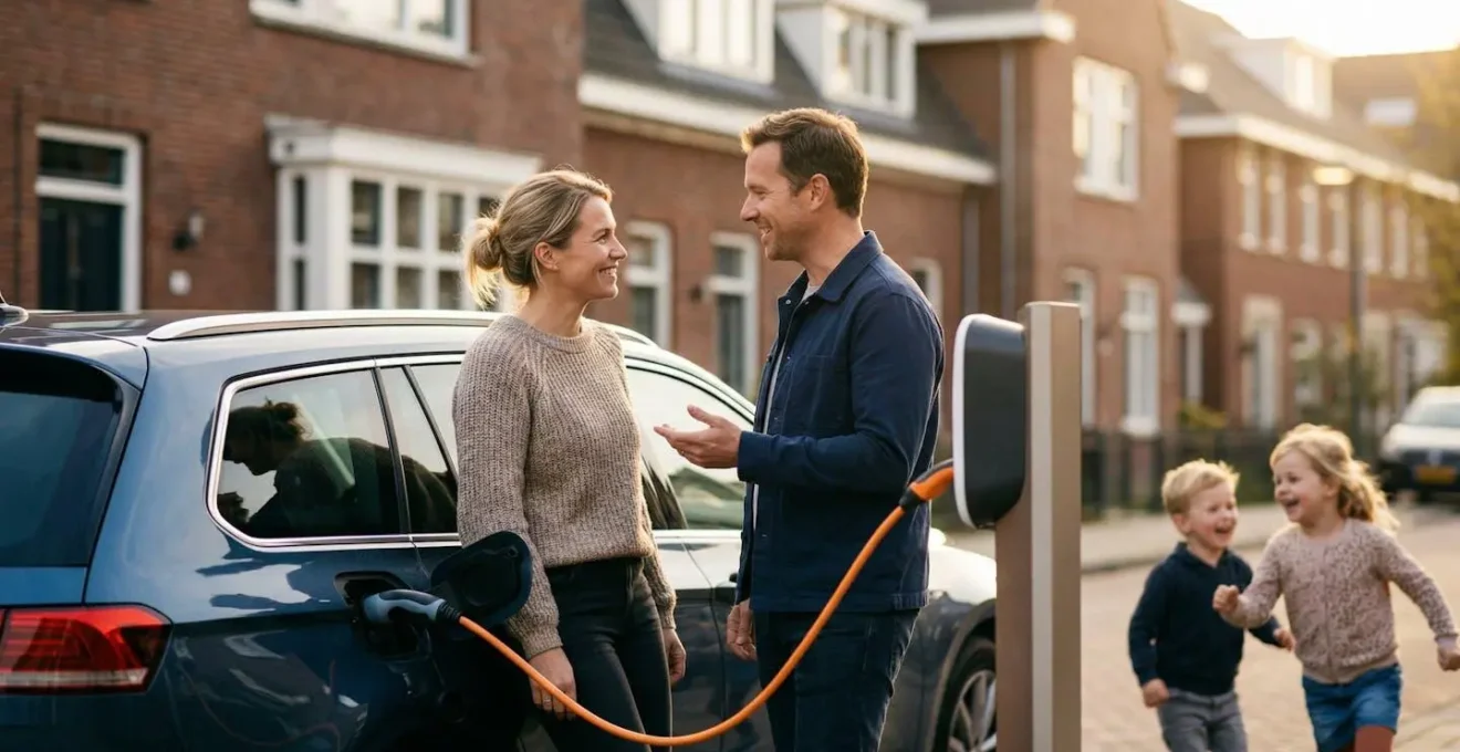 Elektrische stationwagen aan laadpaal met gezin op achtergrond