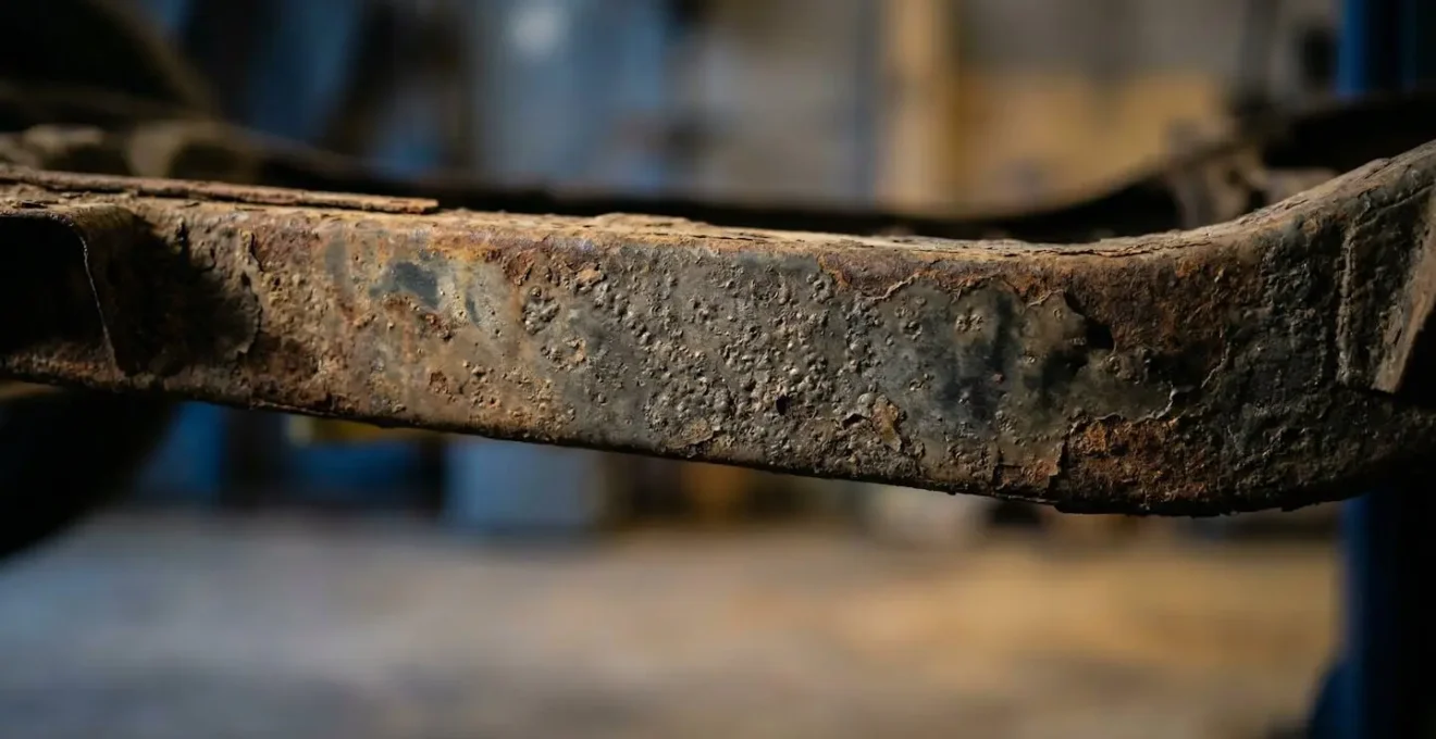 Detailinspectie van chassis en wielkasten bij oude terreinwagen