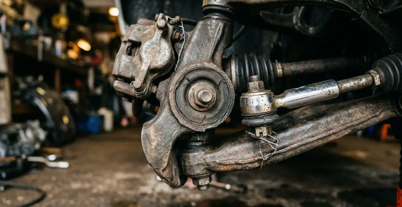 Monteur onderzoekt het onderstel van een klassieke auto uit de jaren 50