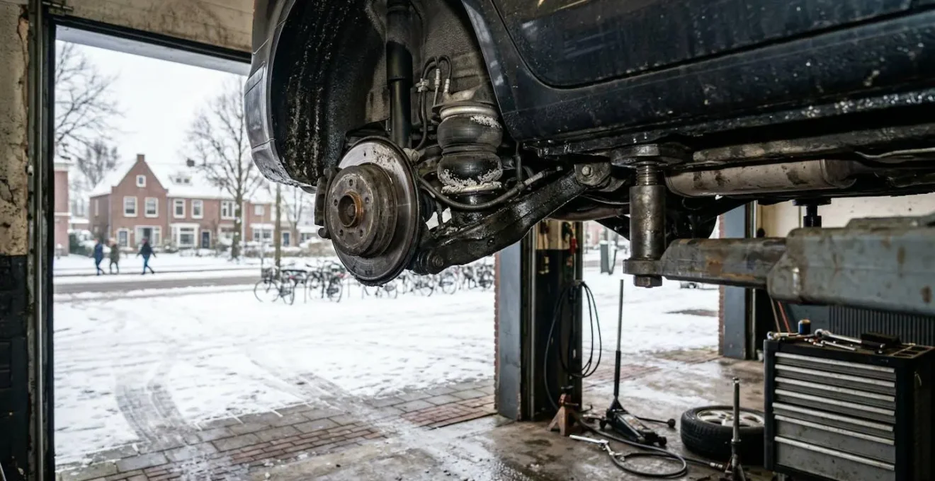 Detailopname van luchtveringcomponenten tijdens winterse omstandigheden
