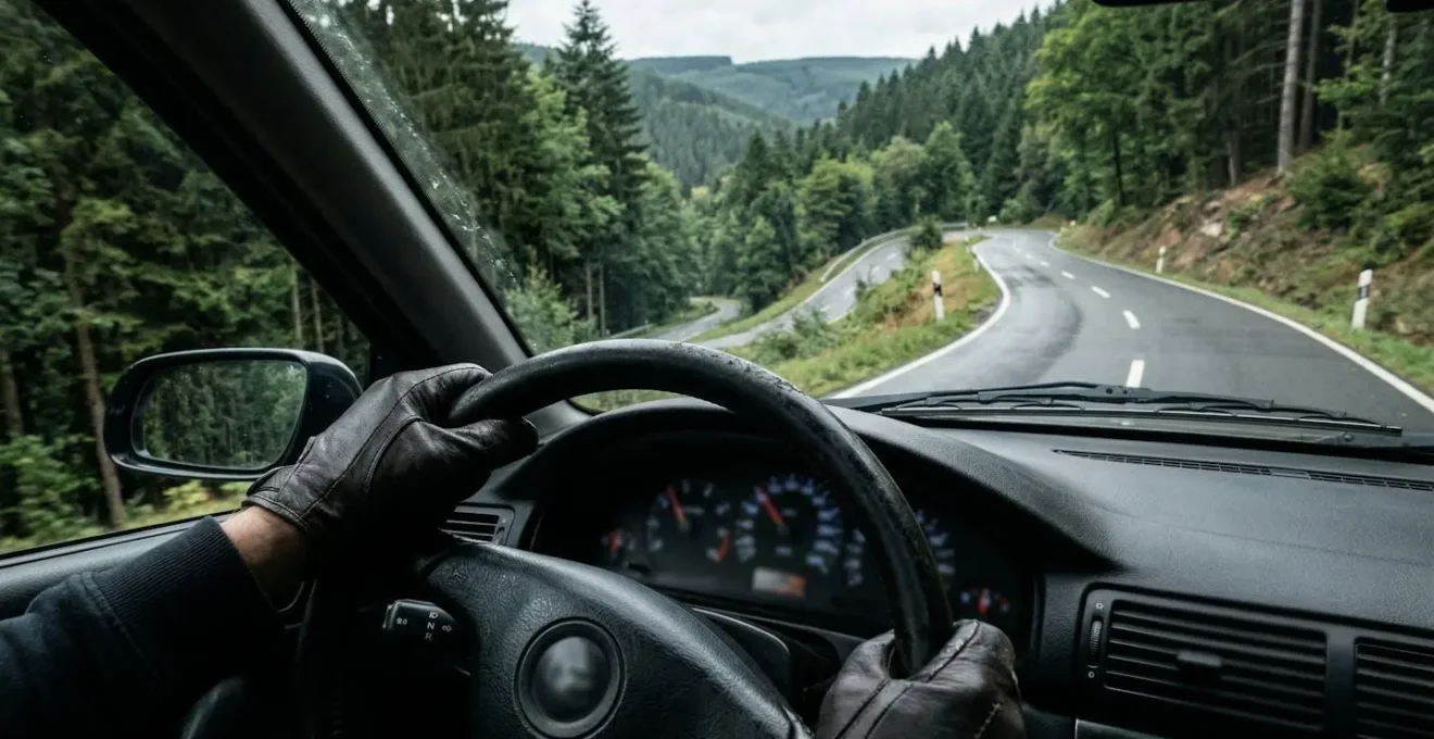 Dashboard perspectief tijdens motorremmen op bergweg