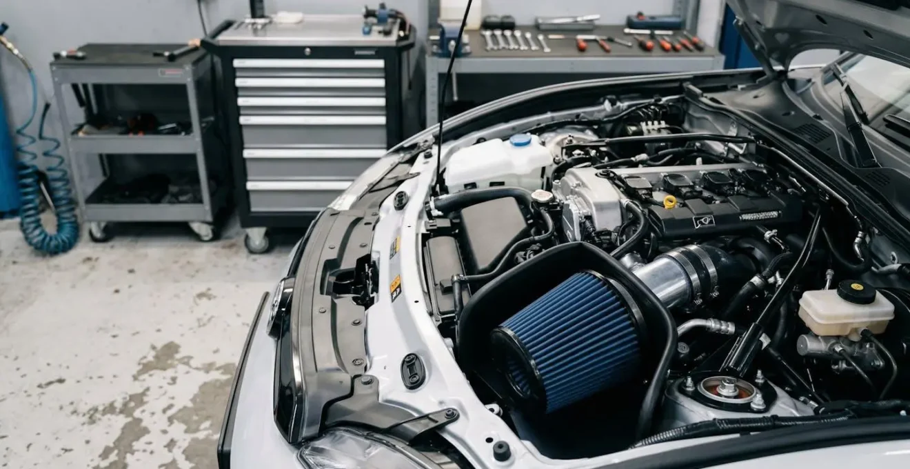 Overzicht motorcompartiment met gemonteerd sportluchtfilter systeem