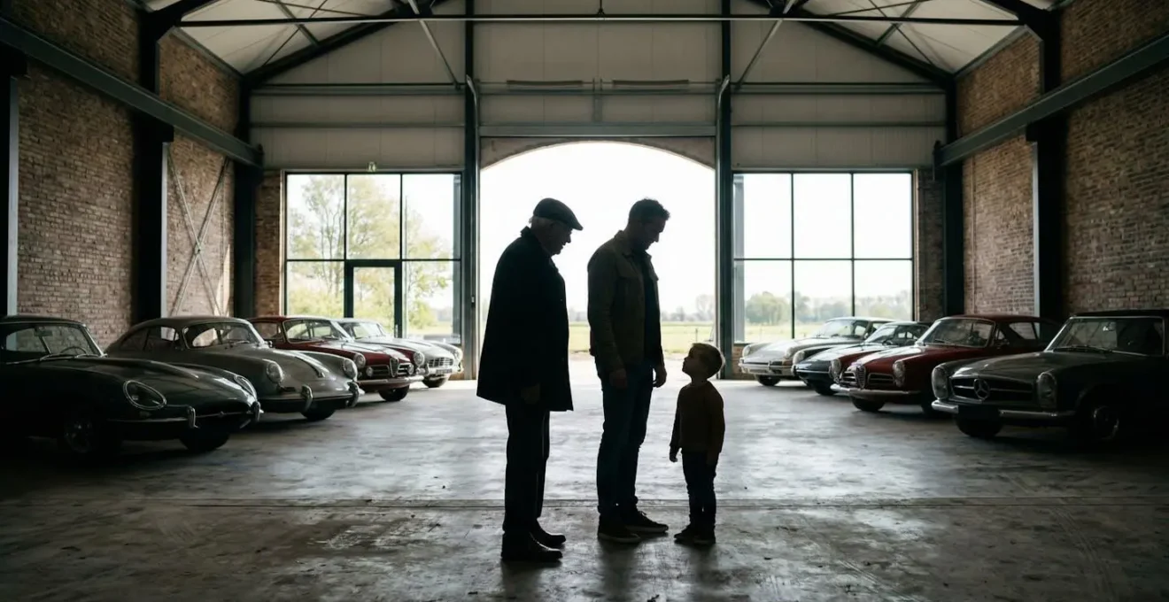 Drie generaties bekijken klassieke autocollectie in Nederlandse garage