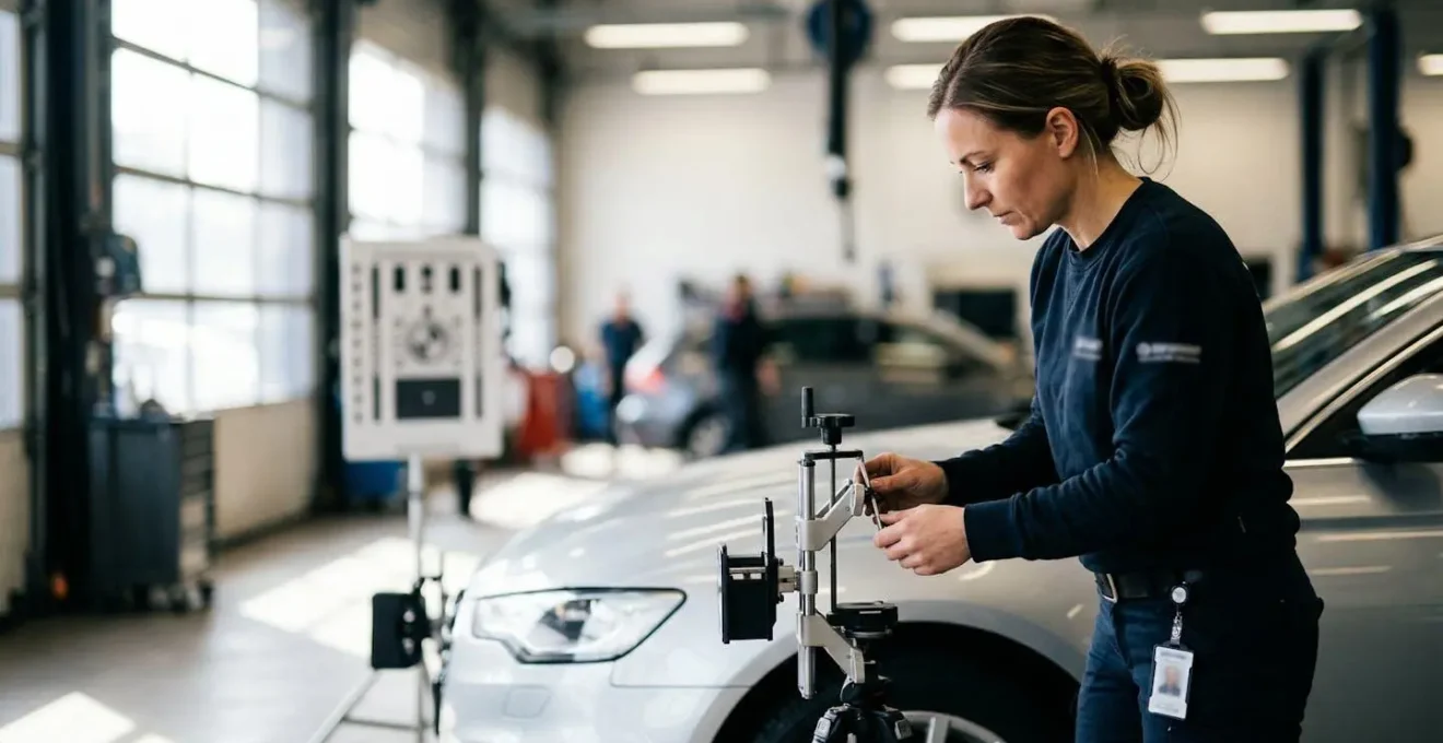 Technicus kalibreert radarsensor in Nederlandse garage werkplaats