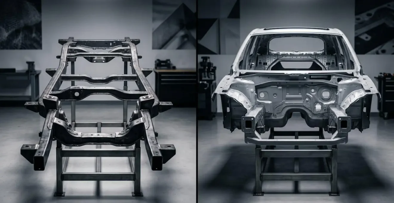 Vergelijking tussen klassiek ladderchassis en moderne monocoque constructie