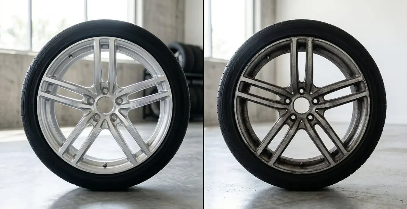 Vergelijking tussen schone velgen met keramische remmen en vuile velgen met standaard remmen