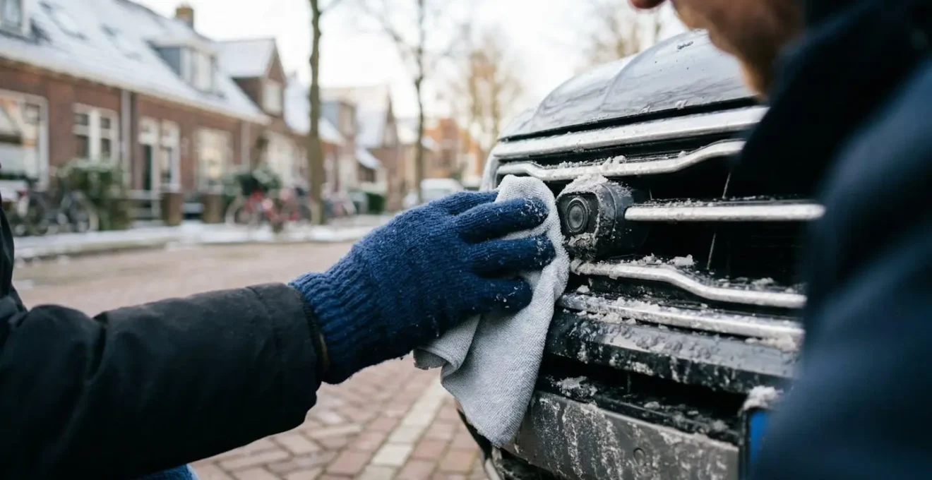 Sensoren en radarsysteem van auto bedekt met winterse aanslag