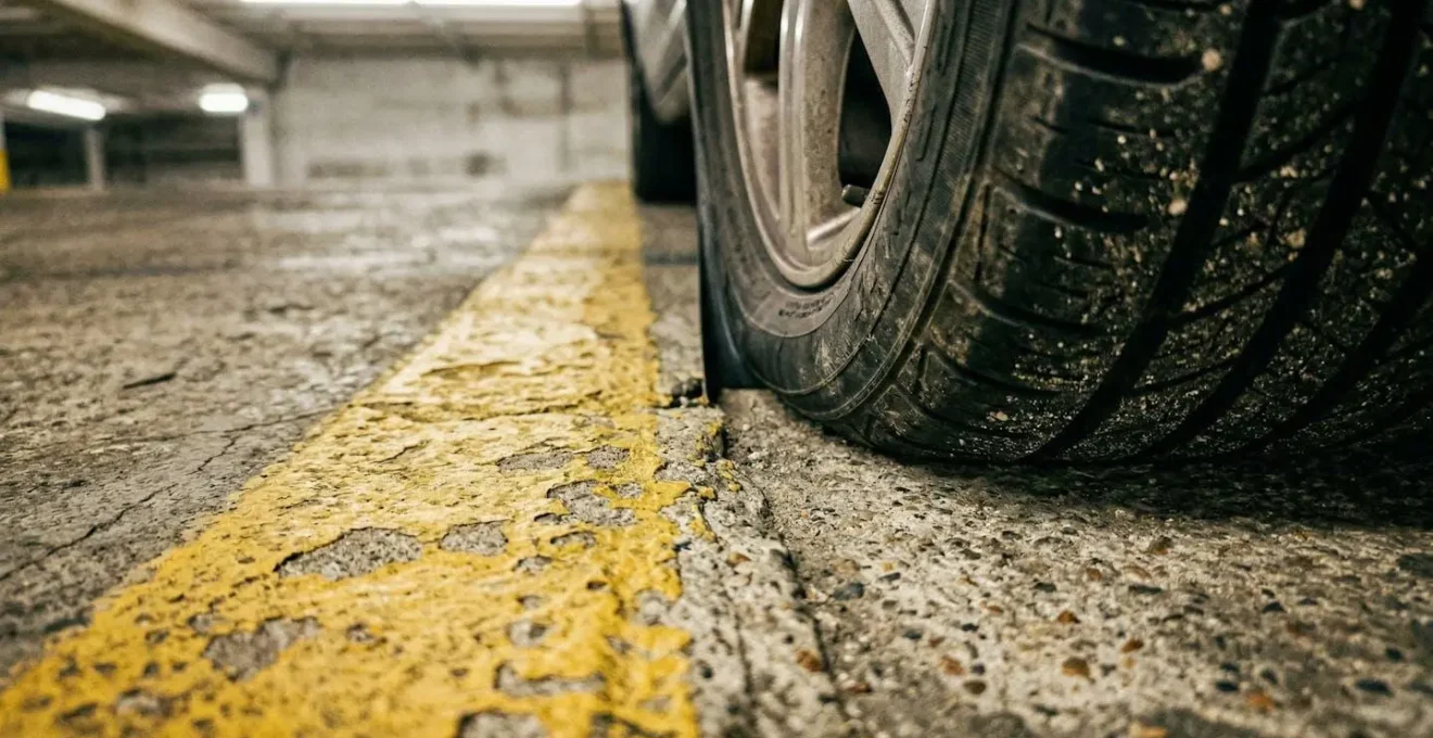 Moderne SUV geparkeerd in oude parkeergarage met smalle vakken