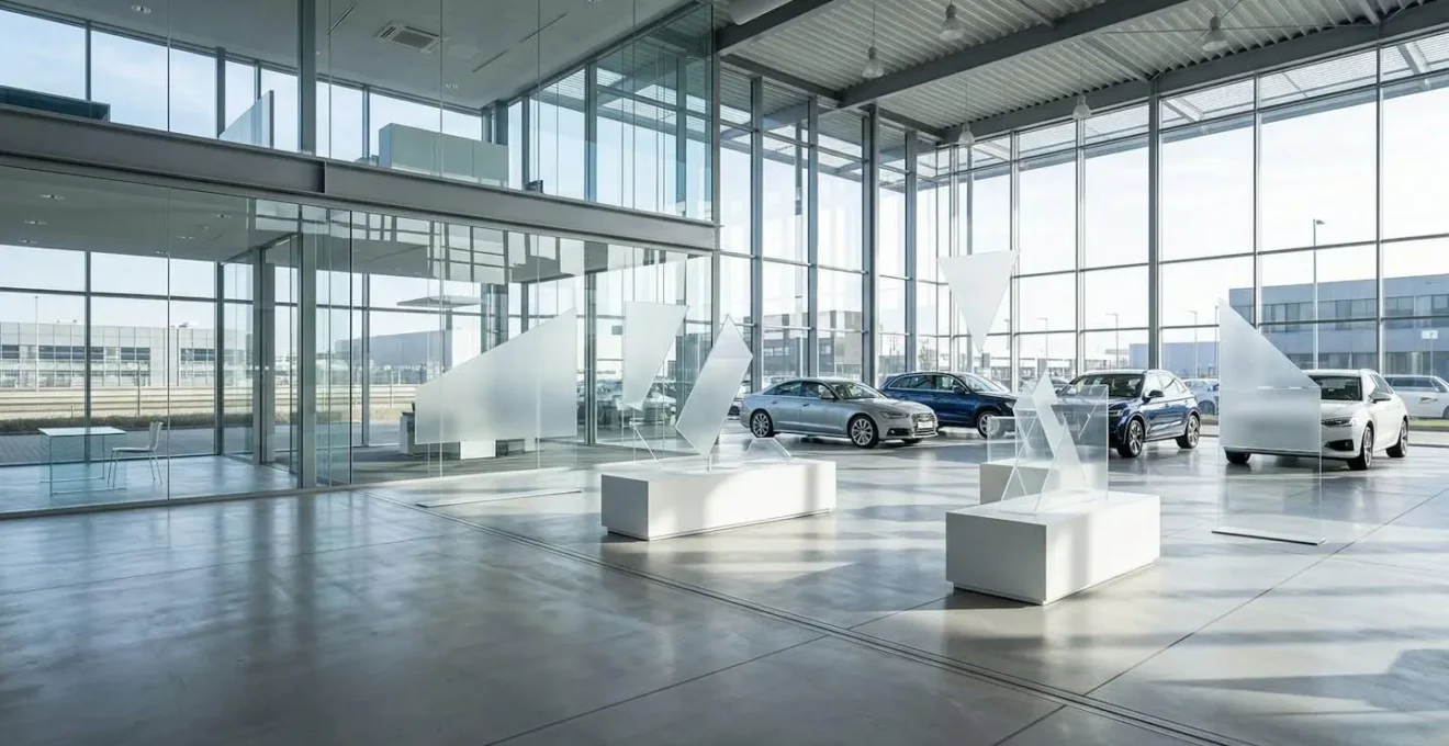 Moderne autoshowroom met transparante prijsdisplays en heldere verlichting