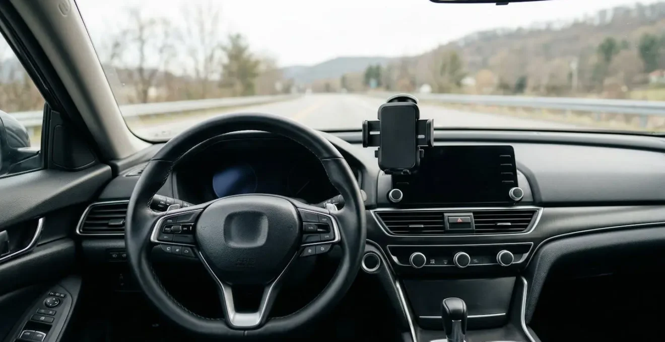 Autodashboard met telefoonhouder gemonteerd zonder zichtblokkering