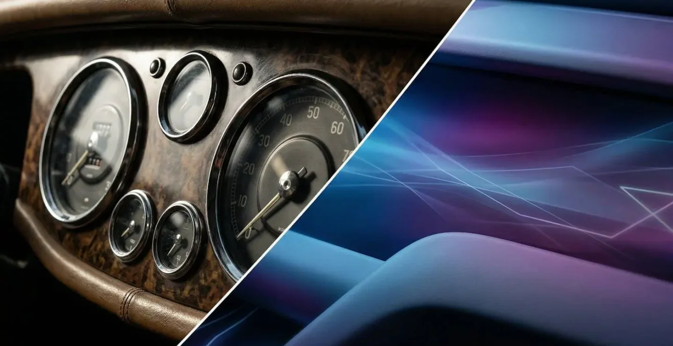 Splitscreen beeld toont traditioneel analoog dashboard naast modern digitaal display