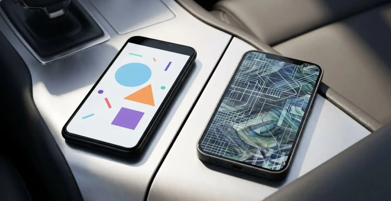 Split-screen vergelijking van CarPlay interface versus screen mirroring