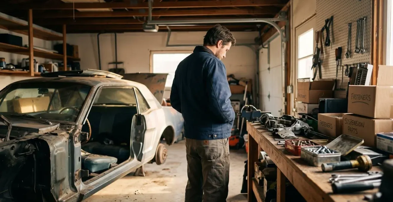 Half gerestaureerde klassieker in een garage, wachtend op een nieuwe start of eigenaar