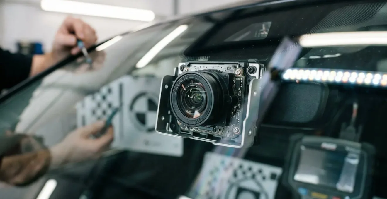 Technicus kalibreert ADAS-camera na voorruitvervanging in Nederlandse werkplaats
