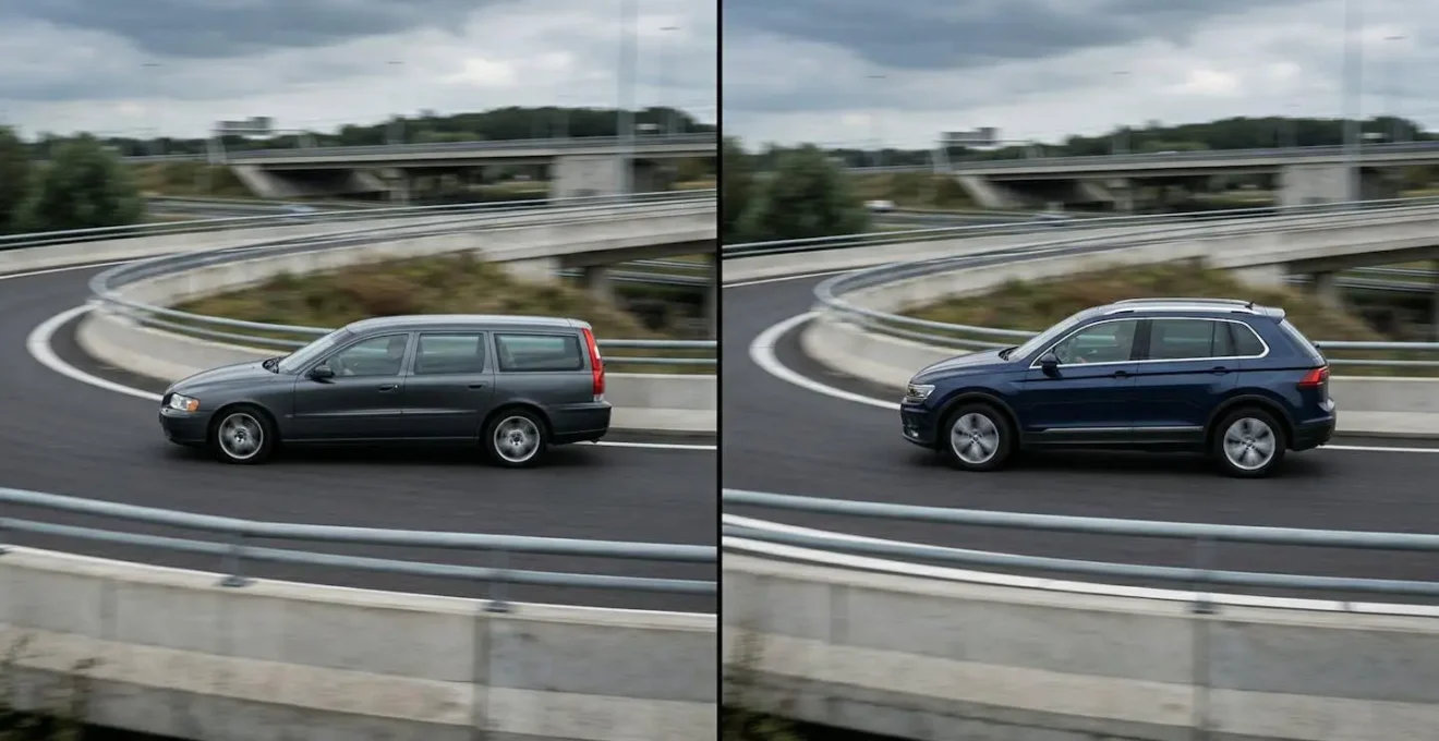 Zijaanzicht van twee auto's in een bocht met zichtbare hellingshoek