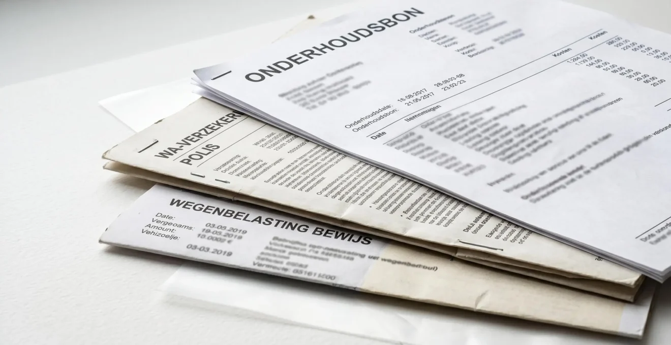 Stapel Nederlandse autodocumenten met onderhoudsfactuur, WA-verzekeringspolis en wegenbelastingbewijs in close-up op wit oppervlak